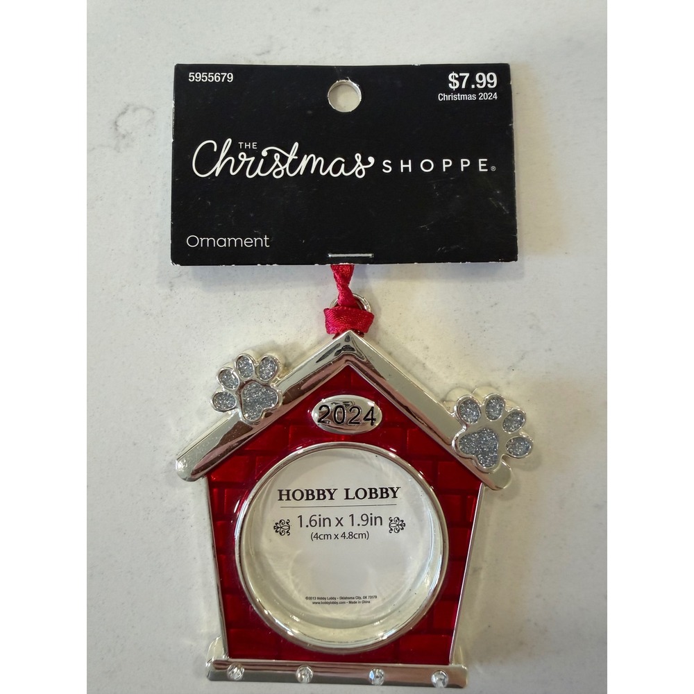 The Christmas Shoppe 2024 Dog House Photo Frame Ornament Red Silver Paw Prints